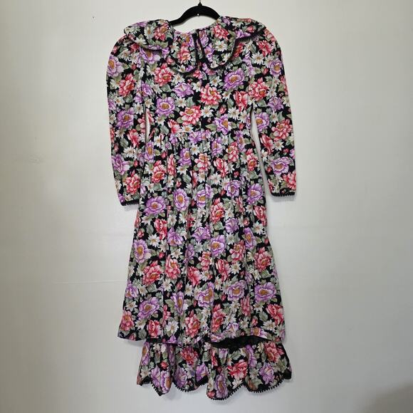Vtg Floral Peasant Midi Dress Sz Small Collar Cottage Prairie Puff Sleeve Ruffle - Picture 7 of 12